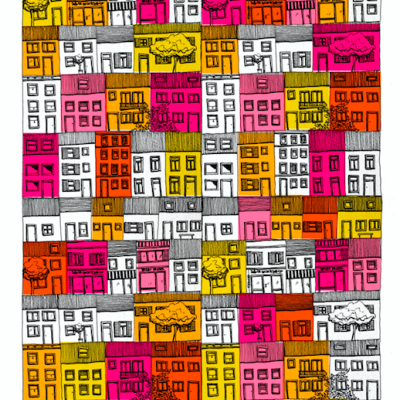 Desenho colorido de casas estilizadas com janelas, portas e árvores