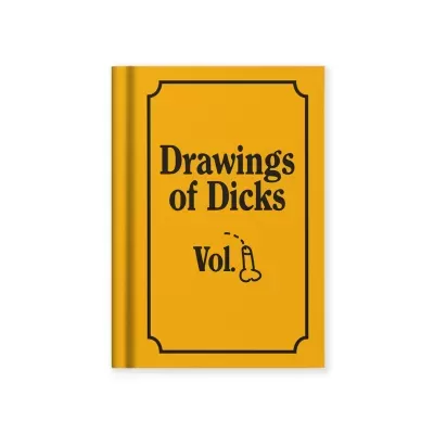 Livro amarelo de capa dura com texto e desenho preto na capa