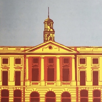 Ilustração do Palácio da Bolsa com texto em fundo azul