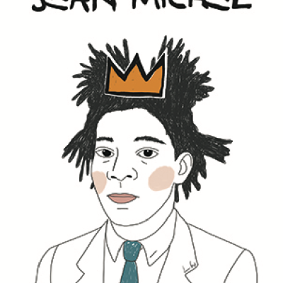 Desenho de homem com feitio de cabelo preto, fato branco, gravata azul e coroa laranja com texto 'JEAN-MICHEL' acima