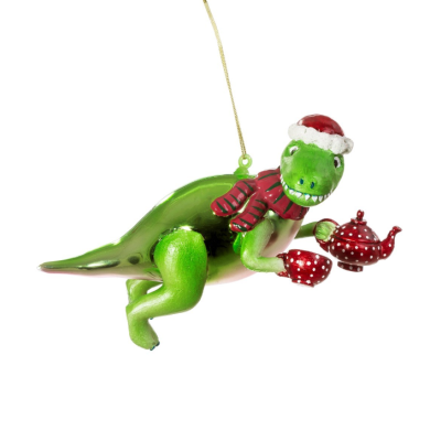 Enfeite de Natal dinossauro verde com chapéu de Pai Natal e acessórios vermelhos
