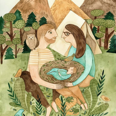 Ilustração aquarela de duas pessoas com bebê num ninho em floresta, montanhas e tenda ao fundo