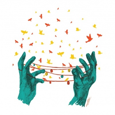 Ilustração mãos verdes com fios vermelhos e luzes coloridas e pássaros a voar.