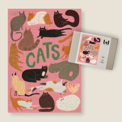 Puzzle de 1000 peças com ilustração colorida de gatos sobre fundo rosa