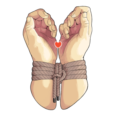 Mãos femininas amarradas com corda e um coração vermelho entre os polegares