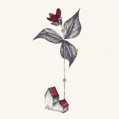 Ilustração minimalista de planta com casas pequenas e telhados vermelhos