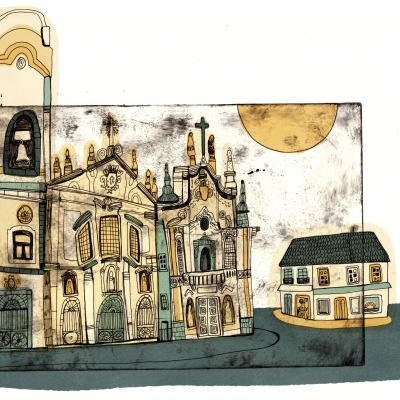 Ilustração artística de edifícios históricos com sol ao fundo