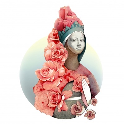 Figura artística com flores cor-de-rosa e coroa azul, fundo circular em azul e amarelo