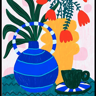 Ilustração colorida de jarra azul, vaso amarelo com flores vermelhas e chávena verde