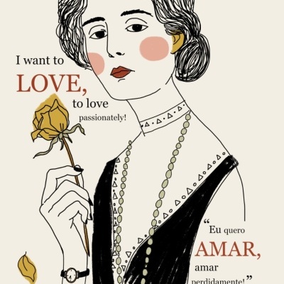 Ilustração mulher com flor amarela e texto sobre amor e Florbela Espanca