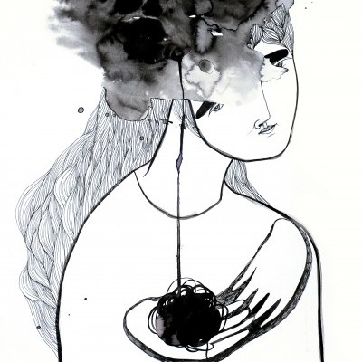 Desenho a tinta preta abstrato de figura feminina com manchas