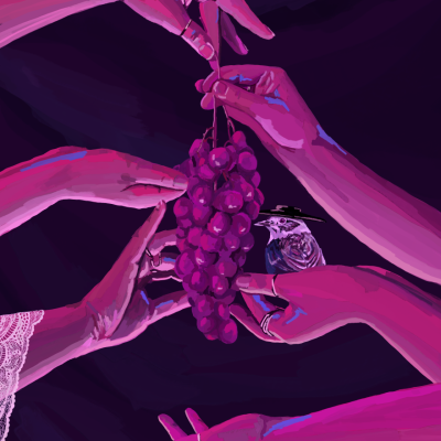 Mãos com anéis segurando um cacho de uvas roxas com luz rosada