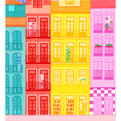 Ilustração de prédios coloridos com varandas, janelas e plantas
