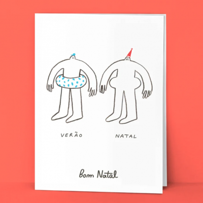 Cartão de Natal ilustrado com duas figuras humanas e texto em português.