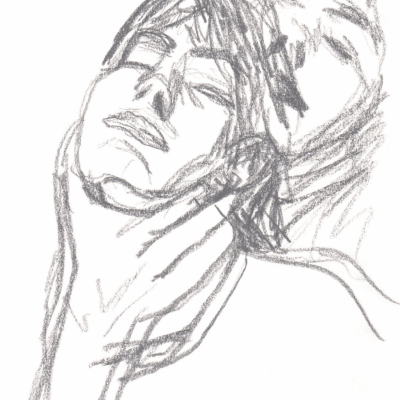 Desenho a carvão de rosto humano com mão ao pescoço