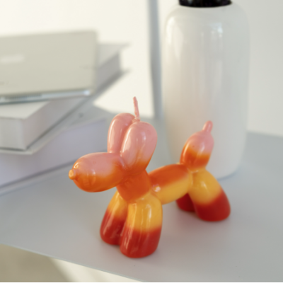 Vela em forma de cão balão colorido sobre superfície branca com vaso e livros ao fundo