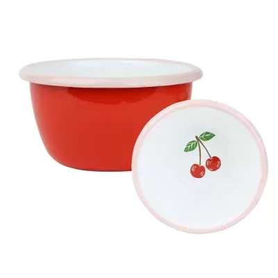 Duas taças esmaltadas vermelha e branca com padrão de cerejas.