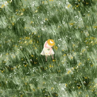 Pessoa com chapéu num campo verde com flores amarelas e brancas, pintura em aguarela