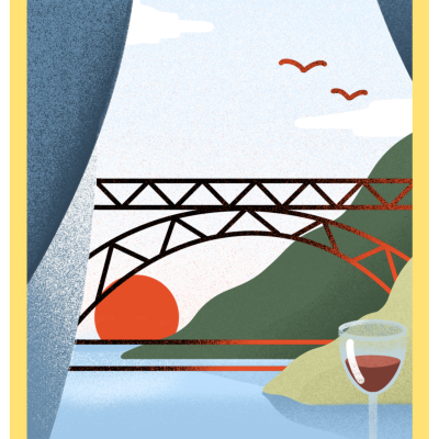 Ilustração de ponte metálica, sol, colinas, céu com pássaros e copo de vinho na mesa