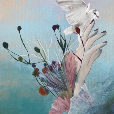 Mão feminina com pomba branca e ramos floridos em fundo abstrato colorido.