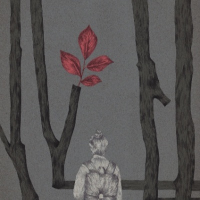 Desenho de pessoa e árvores com folha vermelha