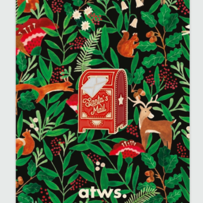 Padrão festivo com caixa de correio vermelha Santa's Mail e vários animais e plantas sobre fundo preto