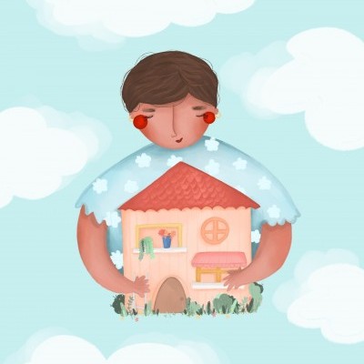 Pessoa a segurar casa cor-de-rosa com telhado vermelho em fundo de nuvens azuis