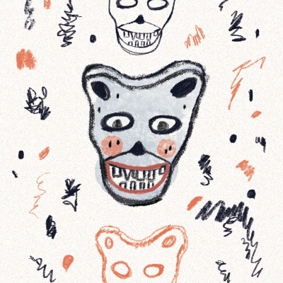 Ilustração com três cabeças de urso em diferentes cores e rabiscos coloridos no fundo branco