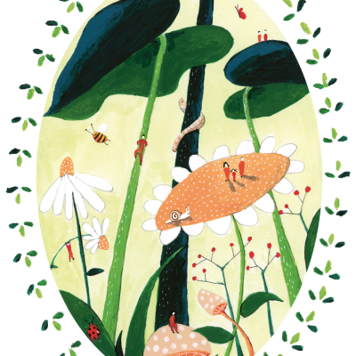 Ilustração oval de flores e insetos com folhas verdes no contorno