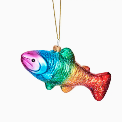 Enfeite pendente decorativo em forma de peixe colorido com cordão dourado