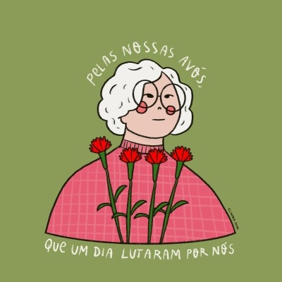 Ilustração de senhora idosa com óculos, cravos vermelhos e texto em volta