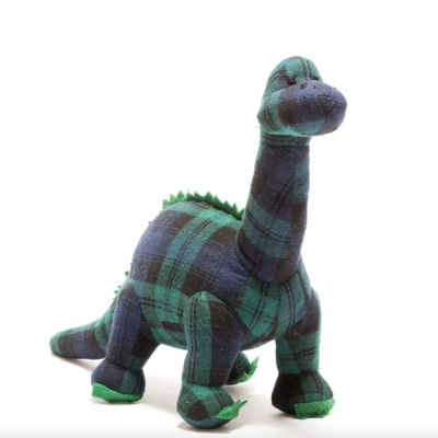 Boneco de peluche dinossauro xadrez azul e verde com espinhos verdes