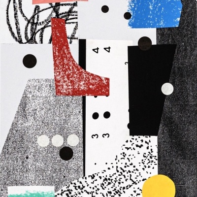 Ilustração abstrata colorida com formas geométricas e números.