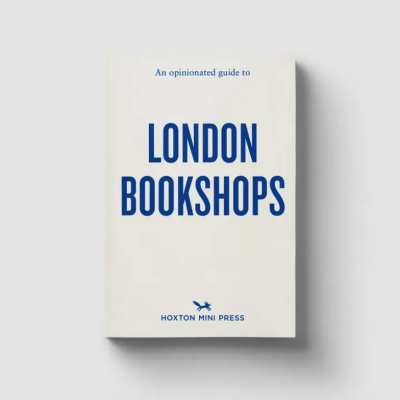 Capa de livro branco com texto azul sobre livrarias em Londres