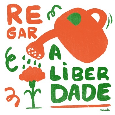 Ilustração com regadeira laranja a regar flor vermelha e texto verde e laranja
