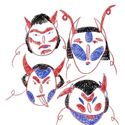 Desenho a caneta com quatro máscaras estilizadas coloridas em fundo branco
