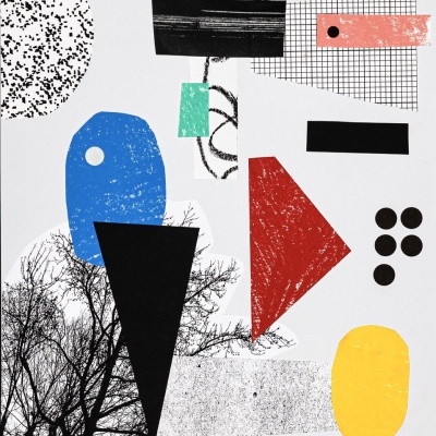 Colagem artística com formas geométricas coloridas em papel sobre fundo branco com ramo de árvore