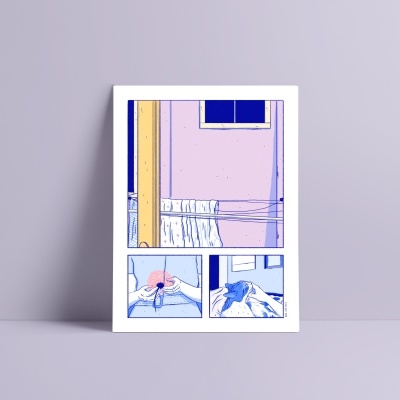 Quadro em estilo pop art com janelas e cortinas, apoiado numa parede lilás