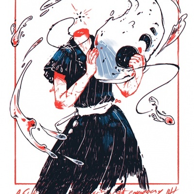 Ilustração de figura humana com capacete em forma de peixe e roupa preta com texto vermelho.