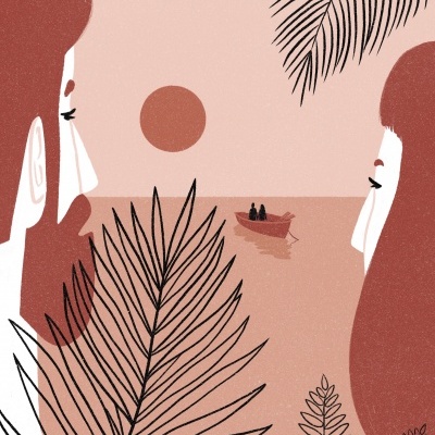 Ilustração de duas pessoas de perfil frente ao mar com folhas pretas em primeiro plano e um barco ao fundo