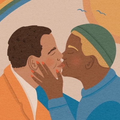 Ilustração de casal a beijar-se com arco-íris e sol no fundo