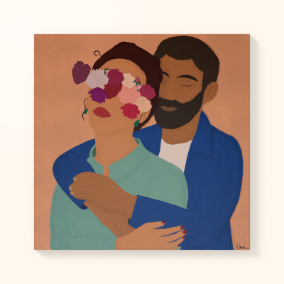 Ilustração digital de casal abraçado com flores nos olhos dela e fundo laranja.