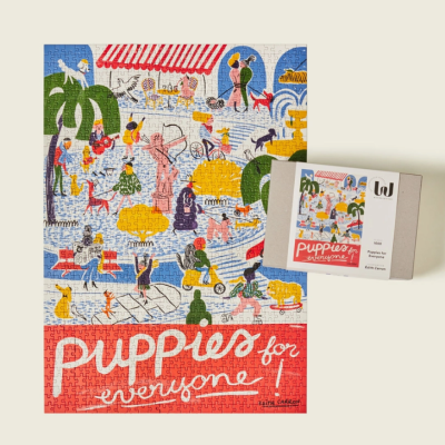 Puzzle colorido com pessoas e cães e texto 'puppies for everyone!' e embalagem ao lado