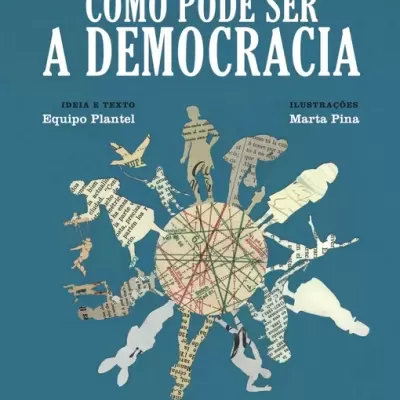 Capa de livro azul com título em branco e figuras humanas recortadas de jornal em círculo