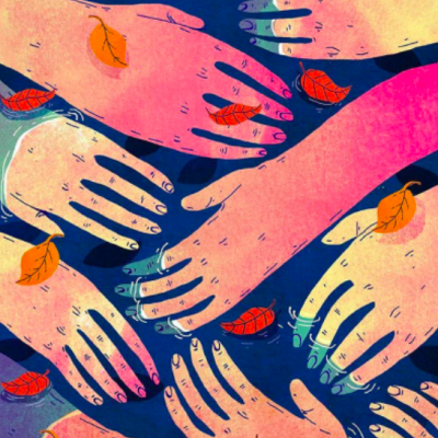 Ilustração colorida de mãos e folhas sobre fundo azul escuro