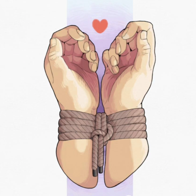 Desenho de mãos unidas por corda castanha com coração vermelho ao fundo lilás