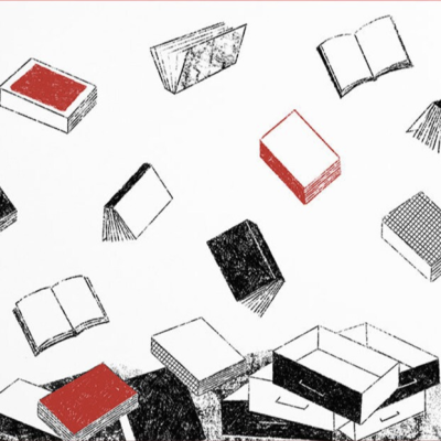 Desenho de livros flutuando com caixas embaixo