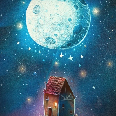 Ilustração de casa colorida sob uma lua grande e céu estrelado