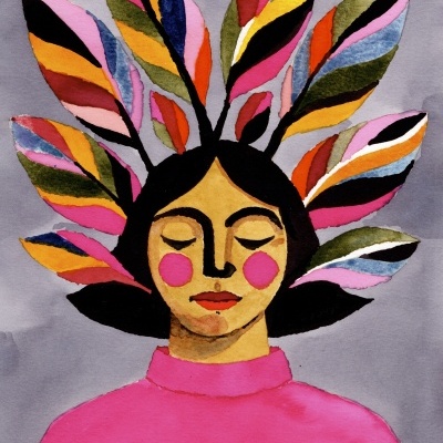 Pintura aguarela rosto feminino com penas coloridas e camisa rosa