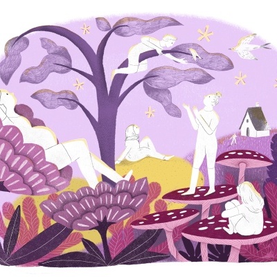 Ilustração de pessoas interagindo com cogumelos grandes em tons roxo e amarelo